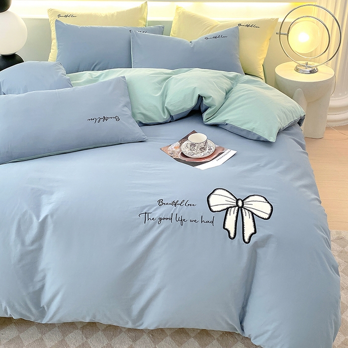 91家纺网 家纺一手货源 找家纺 小叮当家纺仓储工厂店 2025新款(买家秀不断货)A类母婴及全棉纯棉水洗棉刺绣贴布绣四件套--初恋系列 梵星蓝+水绿