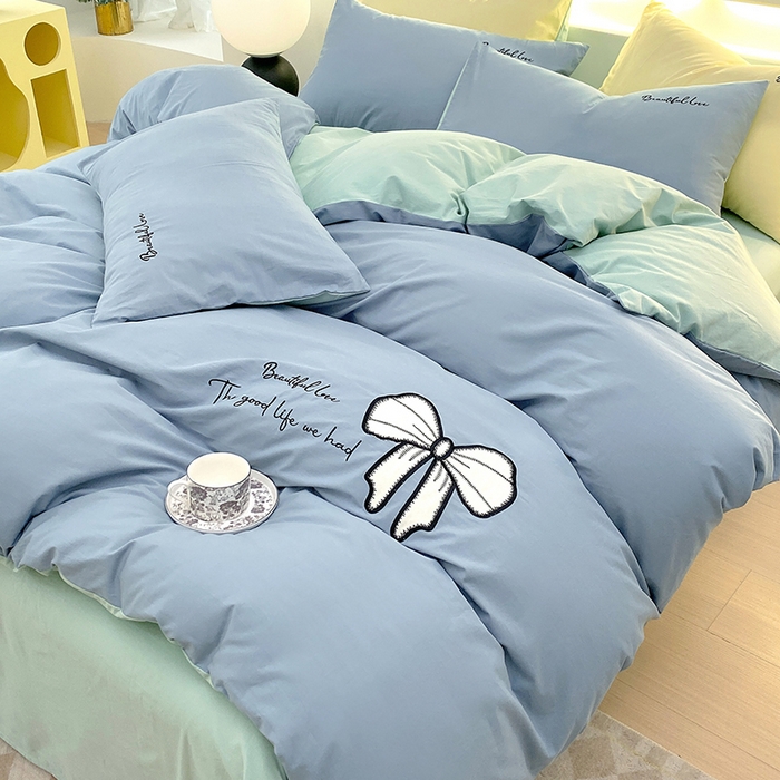 91家纺网 家纺一手货源 找家纺 小叮当家纺仓储工厂店 2025新款(买家秀不断货)A类母婴及全棉纯棉水洗棉刺绣贴布绣四件套--初恋系列 梵星蓝+水绿