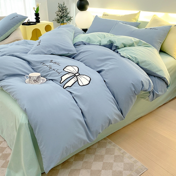 91家纺网 家纺一手货源 找家纺 小叮当家纺仓储工厂店 2025新款(买家秀不断货)A类母婴及全棉纯棉水洗棉刺绣贴布绣四件套--初恋系列 梵星蓝+水绿