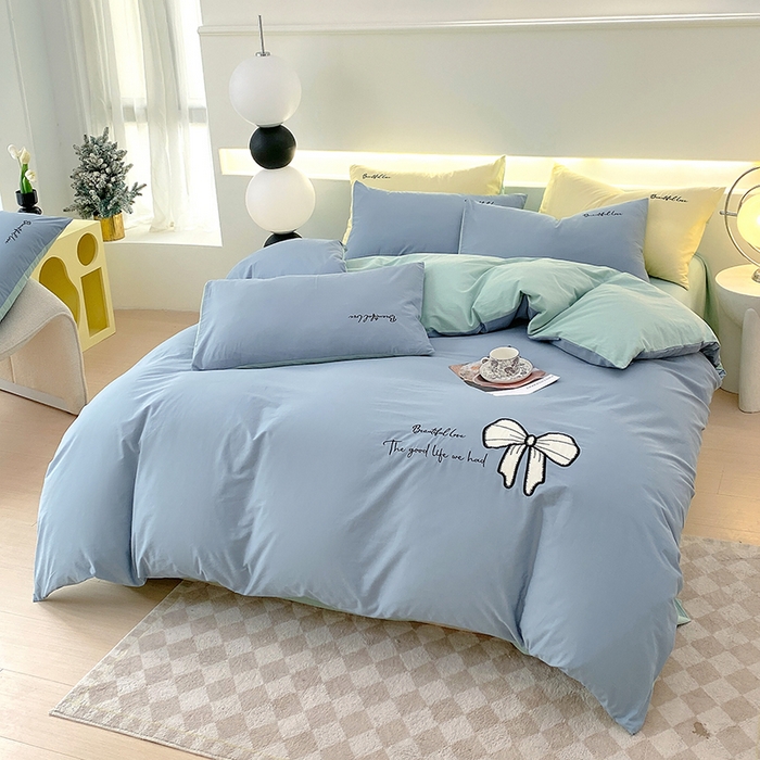 91家纺网 家纺一手货源 找家纺 小叮当家纺仓储工厂店 2025新款(买家秀不断货)A类母婴及全棉纯棉水洗棉刺绣贴布绣四件套--初恋系列 梵星蓝+水绿