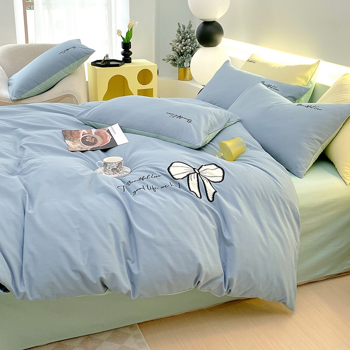 91家纺网 家纺一手货源 找家纺 小叮当家纺仓储工厂店 2025新款(买家秀不断货)A类母婴及全棉纯棉水洗棉刺绣贴布绣四件套--初恋系列 梵星蓝+水绿