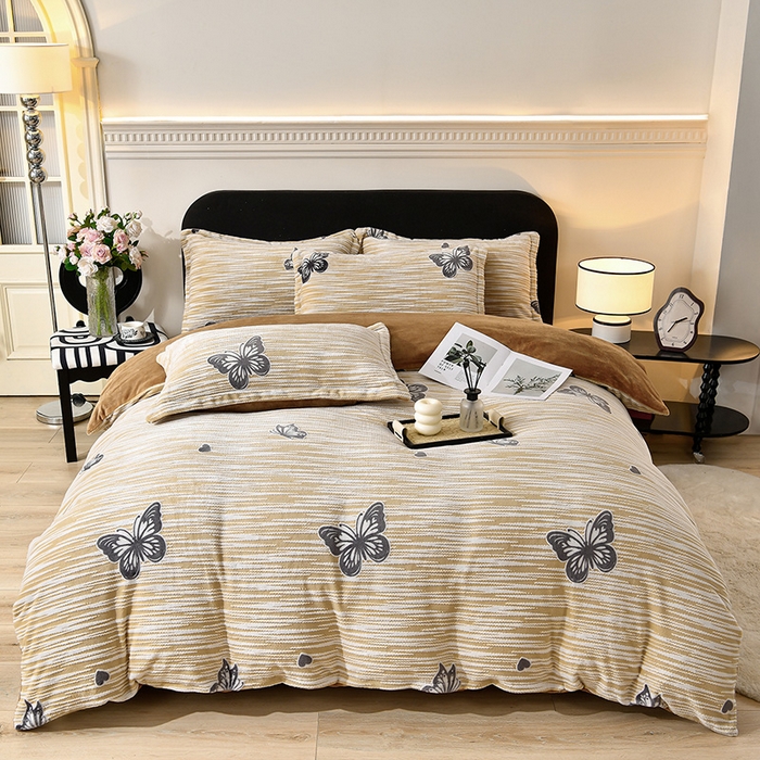 91家纺网 家纺一手货源 找家纺 畅畅家纺 2025新款亲肤舒适冬季保暖8斤重牛奶绒6D雕花绒床单四件套 蝴蝶-棕