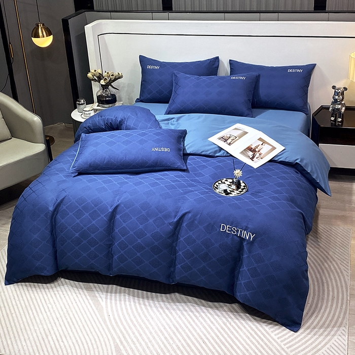 91家纺网 家纺一手货源 找家纺 小叮当家纺仓储工厂店 2025新款秋冬(热买家秀不断货)A类母婴级亲肤全棉纯棉华夫格提花纯棉刺绣四件套 菱形格-灰兰