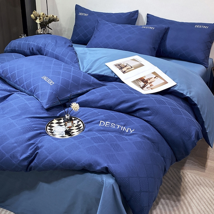 91家纺网 家纺一手货源 找家纺 小叮当家纺仓储工厂店 2025新款秋冬(热买家秀不断货)A类母婴级亲肤全棉纯棉华夫格提花纯棉刺绣四件套 菱形格-灰兰