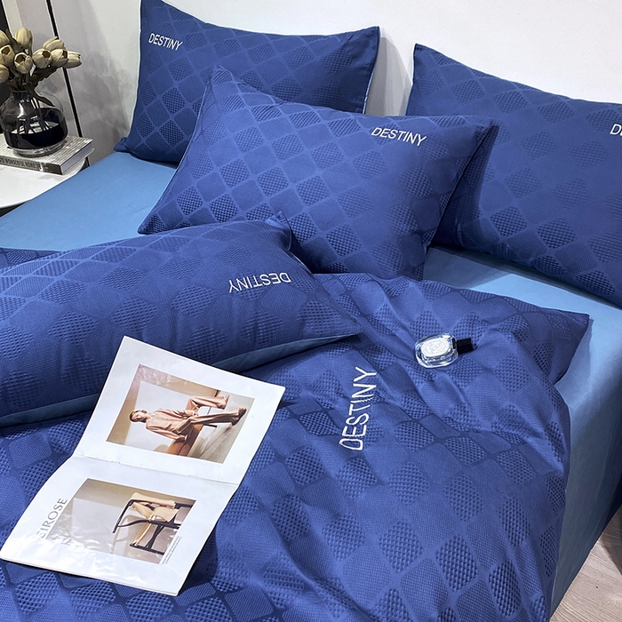 91家纺网 家纺一手货源 找家纺 小叮当家纺仓储工厂店 2025新款秋冬(热买家秀不断货)A类母婴级亲肤全棉纯棉华夫格提花纯棉刺绣四件套 菱形格-灰兰