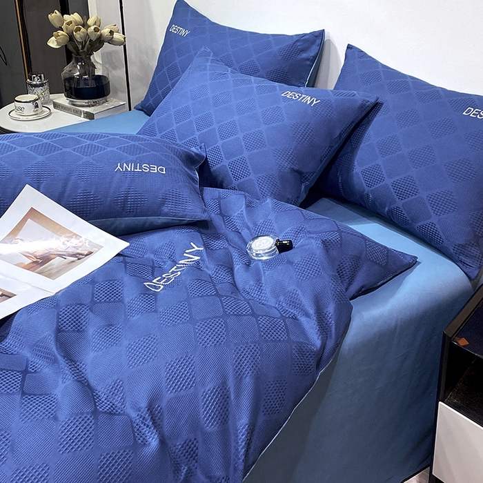 91家纺网 家纺一手货源 找家纺 小叮当家纺仓储工厂店 2025新款秋冬(热买家秀不断货)A类母婴级亲肤全棉纯棉华夫格提花纯棉刺绣四件套 菱形格-灰兰