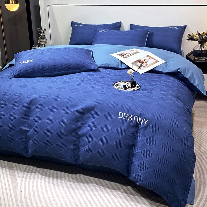 91家纺网 家纺一手货源 找家纺 小叮当家纺仓储工厂店 2025新款秋冬(热买家秀不断货)A类母婴级亲肤全棉纯棉华夫格提花纯棉刺绣四件套 菱形格-灰兰