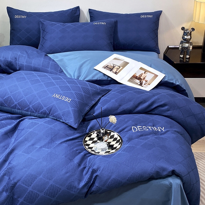 91家纺网 家纺一手货源 找家纺 小叮当家纺仓储工厂店 2025新款秋冬(热买家秀不断货)A类母婴级亲肤全棉纯棉华夫格提花纯棉刺绣四件套 菱形格-灰兰