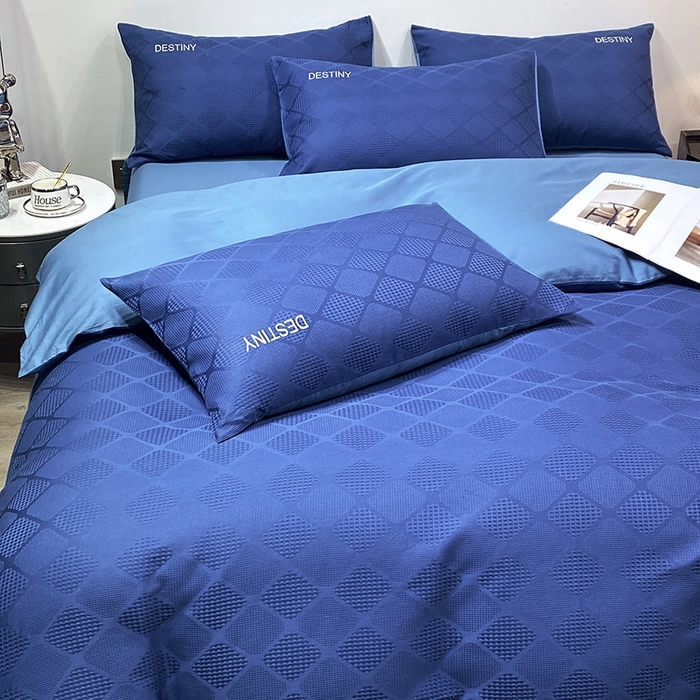 91家纺网 家纺一手货源 找家纺 小叮当家纺仓储工厂店 2025新款秋冬(热买家秀不断货)A类母婴级亲肤全棉纯棉华夫格提花纯棉刺绣四件套 菱形格-灰兰