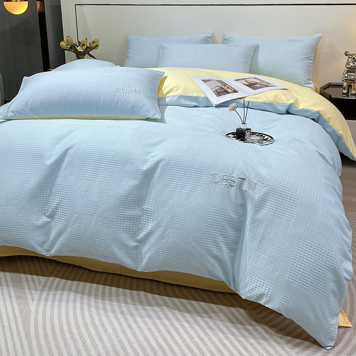 91家纺网 家纺一手货源 找家纺 小叮当家纺仓储工厂店 2025新款秋冬(热买家秀不断货)A类母婴级亲肤全棉纯棉华夫格提花纯棉刺绣四件套 华夫格-天兰