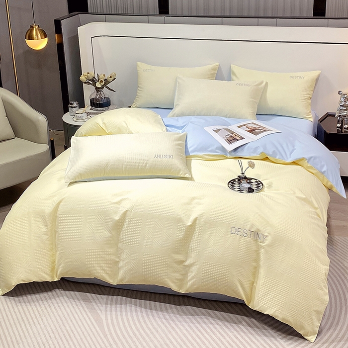 91家纺网 家纺一手货源 找家纺 小叮当家纺仓储工厂店 2025新款秋冬(热买家秀不断货)A类母婴级亲肤全棉纯棉华夫格提花纯棉刺绣四件套 华夫格-奶黄