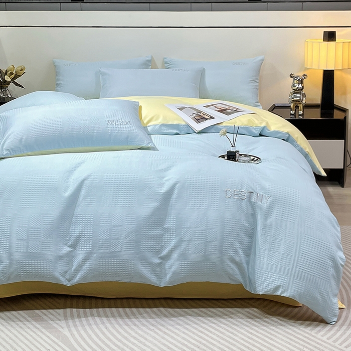 91家纺网 家纺一手货源 找家纺 小叮当家纺仓储工厂店 2025新款秋冬(热买家秀不断货)A类母婴级亲肤全棉纯棉华夫格提花纯棉刺绣四件套 华夫格-天兰