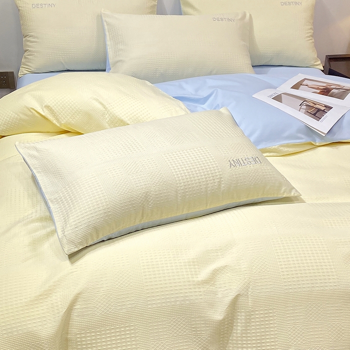 91家纺网 家纺一手货源 找家纺 小叮当家纺仓储工厂店 2025新款秋冬(热买家秀不断货)A类母婴级亲肤全棉纯棉华夫格提花纯棉刺绣四件套 华夫格-奶黄