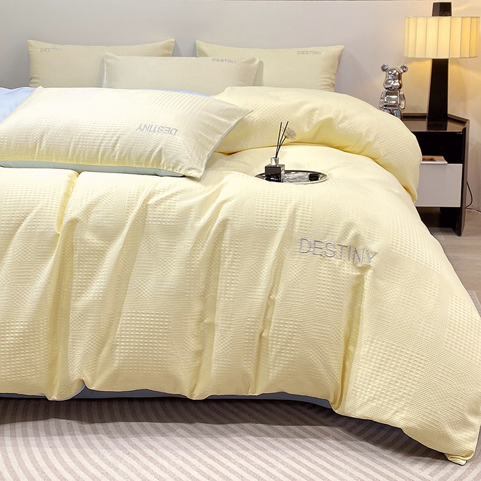 91家纺网 家纺一手货源 找家纺 小叮当家纺仓储工厂店 2025新款秋冬(热买家秀不断货)A类母婴级亲肤全棉纯棉华夫格提花纯棉刺绣四件套 华夫格-奶黄