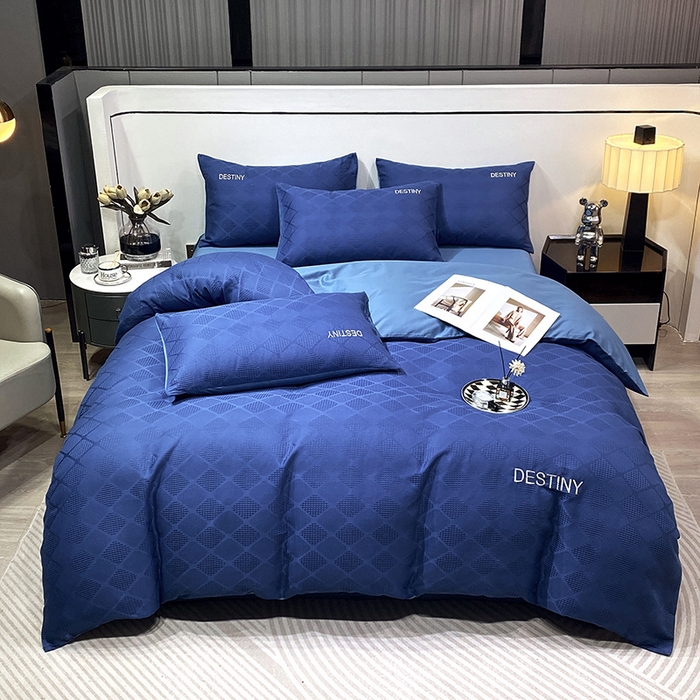 91家纺网 家纺一手货源 找家纺 小叮当家纺仓储工厂店 2025新款秋冬(热买家秀不断货)A类母婴级亲肤全棉纯棉华夫格提花纯棉刺绣四件套 菱形格-灰兰