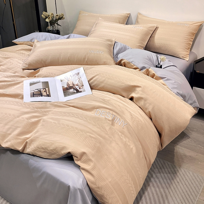 91家纺网 家纺一手货源 找家纺 小叮当家纺仓储工厂店 2025新款秋冬(热买家秀不断货)A类母婴级亲肤全棉纯棉华夫格提花纯棉刺绣四件套 麦穗-香槟金