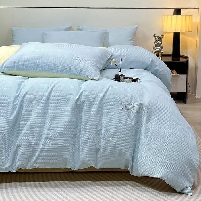 91家纺网 家纺一手货源 找家纺 小叮当家纺仓储工厂店 2025新款秋冬(热买家秀不断货)A类母婴级亲肤全棉纯棉华夫格提花纯棉刺绣四件套 华夫格-天兰