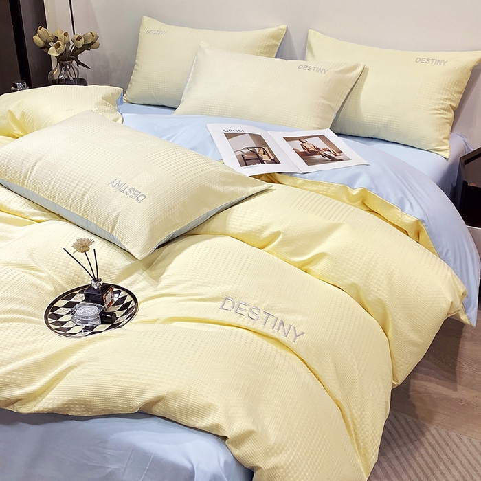 91家纺网 家纺一手货源 找家纺 小叮当家纺仓储工厂店 2025新款秋冬(热买家秀不断货)A类母婴级亲肤全棉纯棉华夫格提花纯棉刺绣四件套 华夫格-奶黄