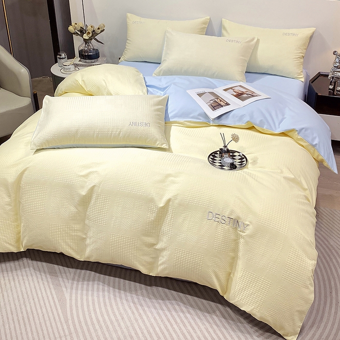 91家纺网 家纺一手货源 找家纺 小叮当家纺仓储工厂店 2025新款秋冬(热买家秀不断货)A类母婴级亲肤全棉纯棉华夫格提花纯棉刺绣四件套 华夫格-奶黄