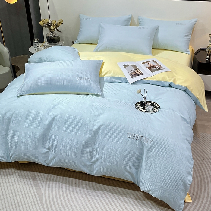 91家纺网 家纺一手货源 找家纺 小叮当家纺仓储工厂店 2025新款秋冬(热买家秀不断货)A类母婴级亲肤全棉纯棉华夫格提花纯棉刺绣四件套 华夫格-天兰