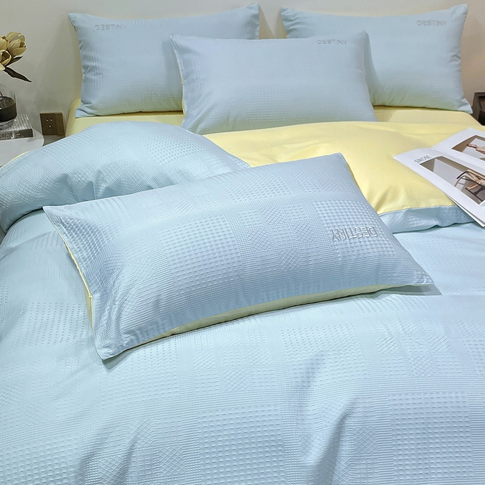 91家纺网 家纺一手货源 找家纺 小叮当家纺仓储工厂店 2025新款秋冬(热买家秀不断货)A类母婴级亲肤全棉纯棉华夫格提花纯棉刺绣四件套 华夫格-天兰