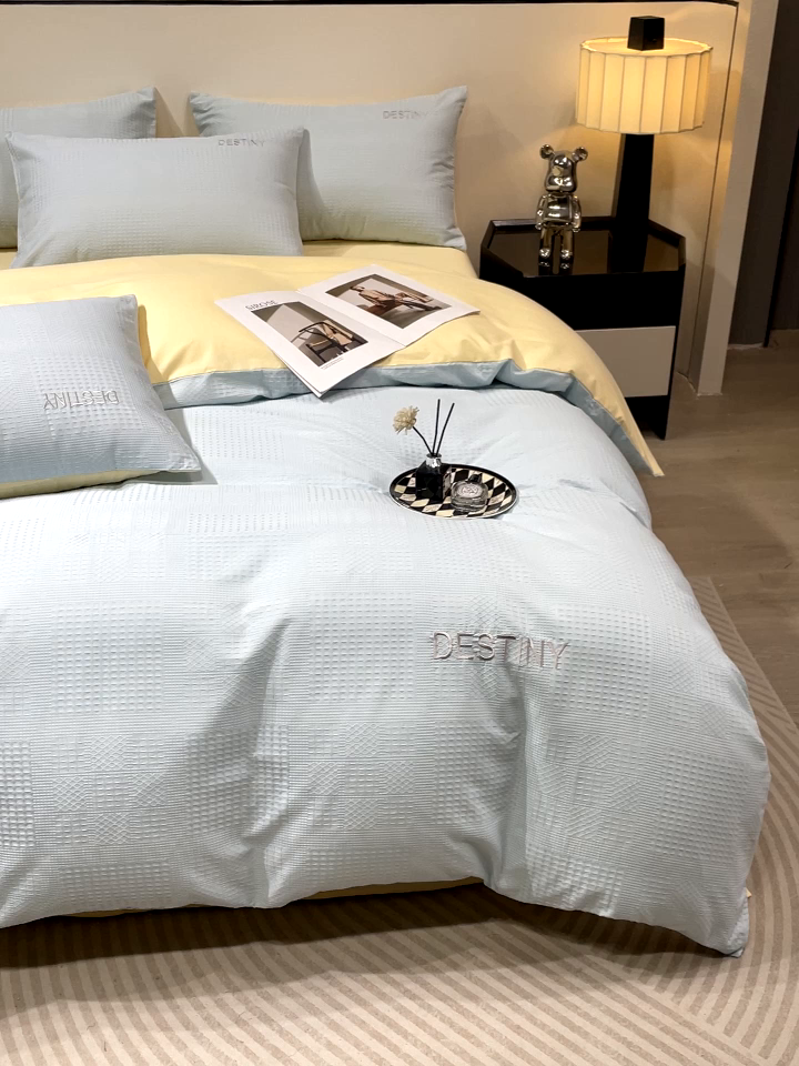 91家纺网 家纺一手货源 找家纺 小叮当家纺仓储工厂店 2025新款秋冬(热买家秀不断货)A类母婴级亲肤全棉纯棉华夫格提花纯棉刺绣四件套 华夫格-天兰