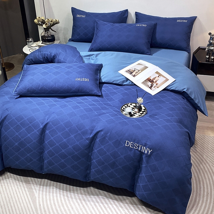 91家纺网 家纺一手货源 找家纺 小叮当家纺仓储工厂店 2025新款秋冬(热买家秀不断货)A类母婴级亲肤全棉纯棉华夫格提花纯棉刺绣四件套 菱形格-灰兰