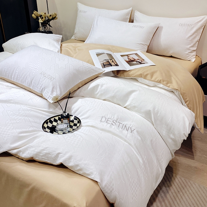 91家纺网 家纺一手货源 找家纺 小叮当家纺仓储工厂店 2025新款秋冬(热买家秀不断货)A类母婴级亲肤全棉纯棉华夫格提花纯棉刺绣四件套 千鸟格-本白