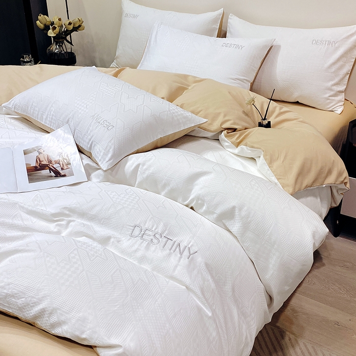 91家纺网 家纺一手货源 找家纺 小叮当家纺仓储工厂店 2025新款秋冬(热买家秀不断货)A类母婴级亲肤全棉纯棉华夫格提花纯棉刺绣四件套 千鸟格-本白