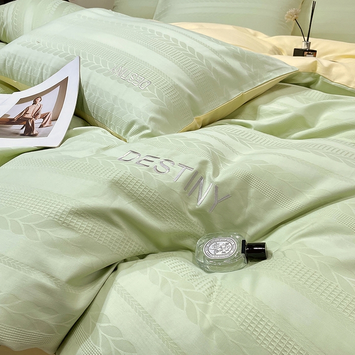 91家纺网 家纺一手货源 找家纺 小叮当家纺仓储工厂店 2025新款秋冬(热买家秀不断货)A类母婴级亲肤全棉纯棉华夫格提花纯棉刺绣四件套 麦穗-浅绿