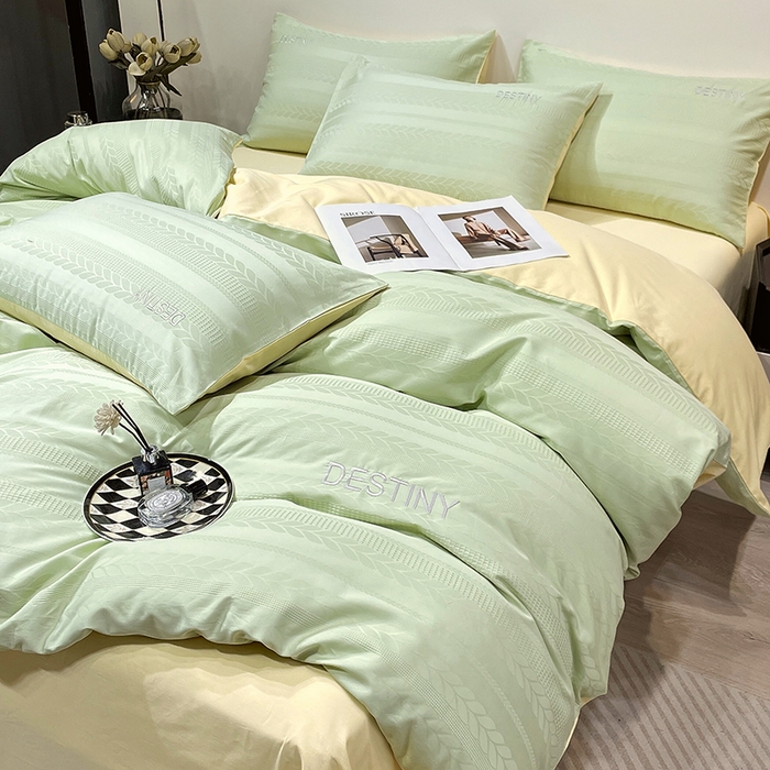 91家纺网 家纺一手货源 找家纺 小叮当家纺仓储工厂店 2025新款秋冬(热买家秀不断货)A类母婴级亲肤全棉纯棉华夫格提花纯棉刺绣四件套 麦穗-浅绿