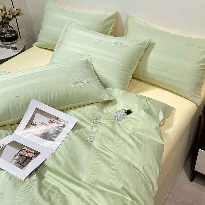 91家纺网 家纺一手货源 找家纺 小叮当家纺仓储工厂店 2025新款秋冬(热买家秀不断货)A类母婴级亲肤全棉纯棉华夫格提花纯棉刺绣四件套 麦穗-浅绿