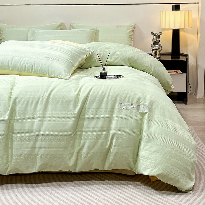 91家纺网 家纺一手货源 找家纺 小叮当家纺仓储工厂店 2025新款秋冬(热买家秀不断货)A类母婴级亲肤全棉纯棉华夫格提花纯棉刺绣四件套 麦穗-浅绿