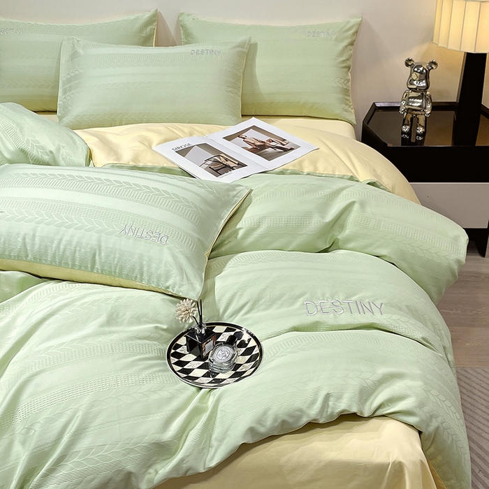 小叮当家纺仓储工厂店 2025新款秋冬(热买家秀不断货)A类母婴级亲肤全棉纯棉华夫格提花纯棉刺绣四件套 麦穗-浅绿