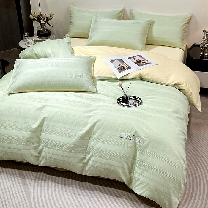 91家纺网 家纺一手货源 找家纺 小叮当家纺仓储工厂店 2025新款秋冬(热买家秀不断货)A类母婴级亲肤全棉纯棉华夫格提花纯棉刺绣四件套 麦穗-浅绿