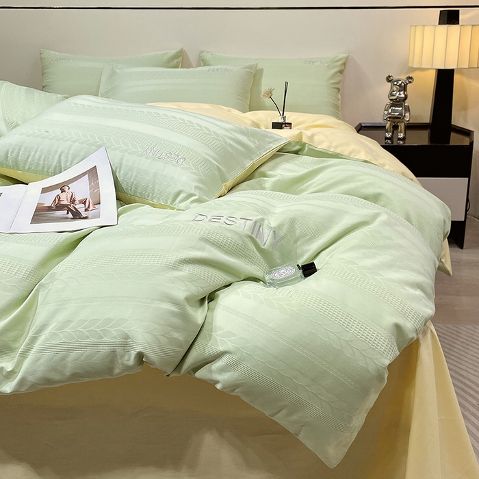 91家纺网 家纺一手货源 找家纺 小叮当家纺仓储工厂店 2025新款秋冬(热买家秀不断货)A类母婴级亲肤全棉纯棉华夫格提花纯棉刺绣四件套 麦穗-浅绿