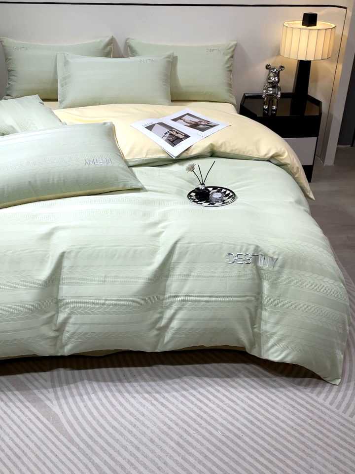 91家纺网 家纺一手货源 找家纺 小叮当家纺仓储工厂店 2025新款秋冬(热买家秀不断货)A类母婴级亲肤全棉纯棉华夫格提花纯棉刺绣四件套 麦穗-浅绿