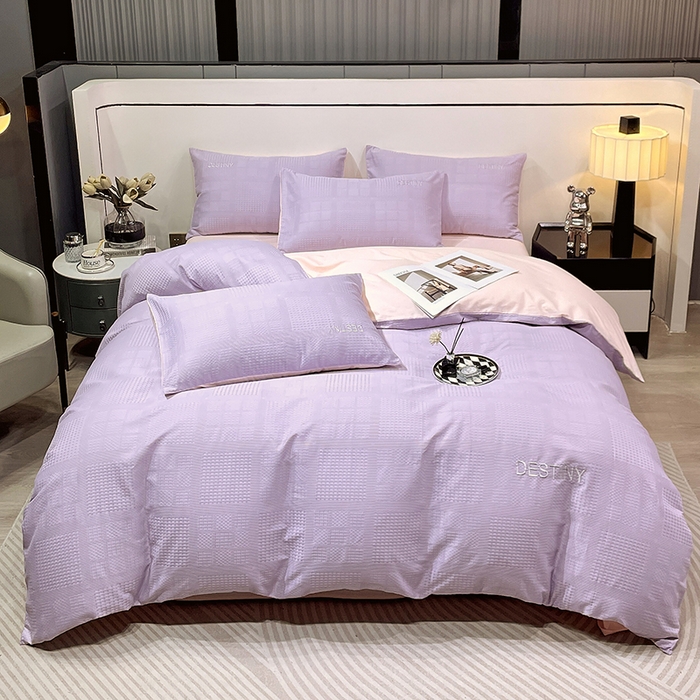 91家纺网 家纺一手货源 找家纺 小叮当家纺仓储工厂店 2025新款秋冬(热买家秀不断货)A类母婴级亲肤全棉纯棉华夫格提花纯棉刺绣四件套 华夫格-烟紫