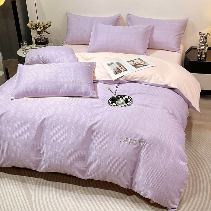 91家纺网 家纺一手货源 找家纺 小叮当家纺仓储工厂店 2025新款秋冬(热买家秀不断货)A类母婴级亲肤全棉纯棉华夫格提花纯棉刺绣四件套 华夫格-烟紫