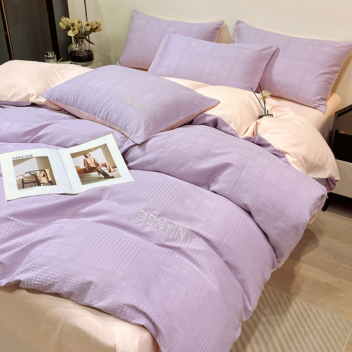 91家纺网 家纺一手货源 找家纺 小叮当家纺仓储工厂店 2025新款秋冬(热买家秀不断货)A类母婴级亲肤全棉纯棉华夫格提花纯棉刺绣四件套 华夫格-烟紫