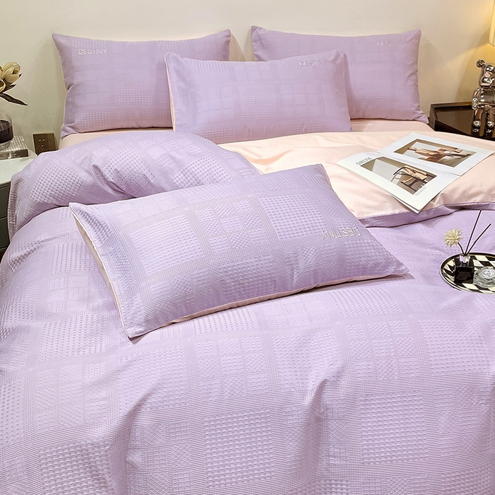 91家纺网 家纺一手货源 找家纺 小叮当家纺仓储工厂店 2025新款秋冬(热买家秀不断货)A类母婴级亲肤全棉纯棉华夫格提花纯棉刺绣四件套 华夫格-烟紫