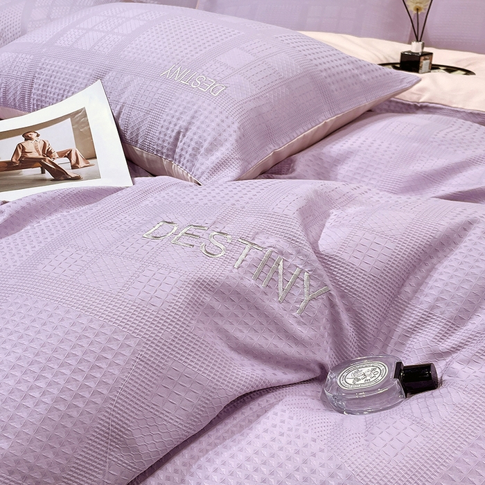 91家纺网 家纺一手货源 找家纺 小叮当家纺仓储工厂店 2025新款秋冬(热买家秀不断货)A类母婴级亲肤全棉纯棉华夫格提花纯棉刺绣四件套 华夫格-烟紫