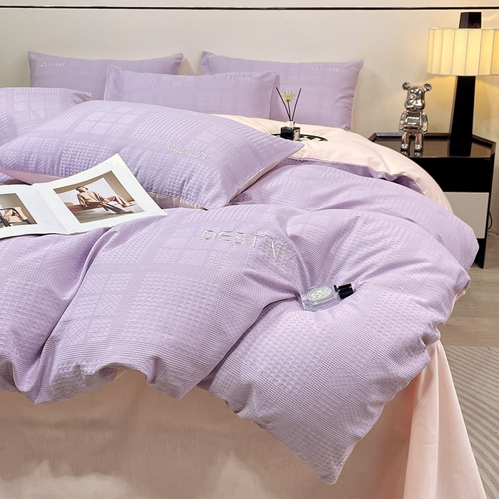 91家纺网 家纺一手货源 找家纺 小叮当家纺仓储工厂店 2025新款秋冬(热买家秀不断货)A类母婴级亲肤全棉纯棉华夫格提花纯棉刺绣四件套 华夫格-烟紫