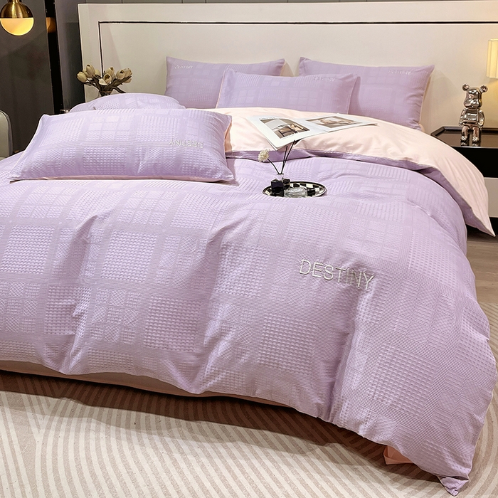 91家纺网 家纺一手货源 找家纺 小叮当家纺仓储工厂店 2025新款秋冬(热买家秀不断货)A类母婴级亲肤全棉纯棉华夫格提花纯棉刺绣四件套 华夫格-烟紫