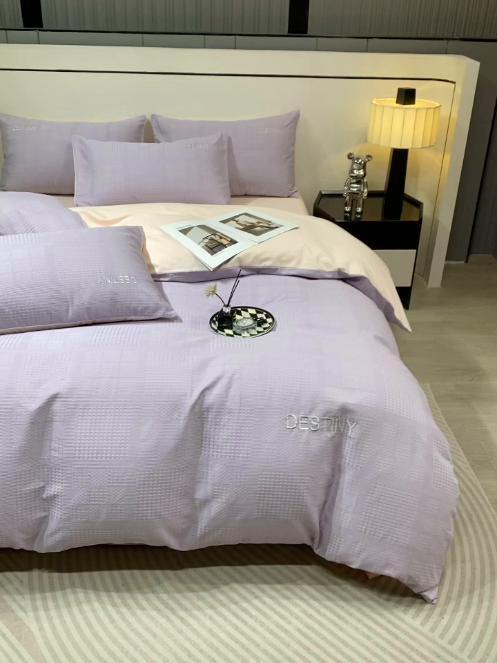 91家纺网 家纺一手货源 找家纺 小叮当家纺仓储工厂店 2025新款秋冬(热买家秀不断货)A类母婴级亲肤全棉纯棉华夫格提花纯棉刺绣四件套 华夫格-烟紫