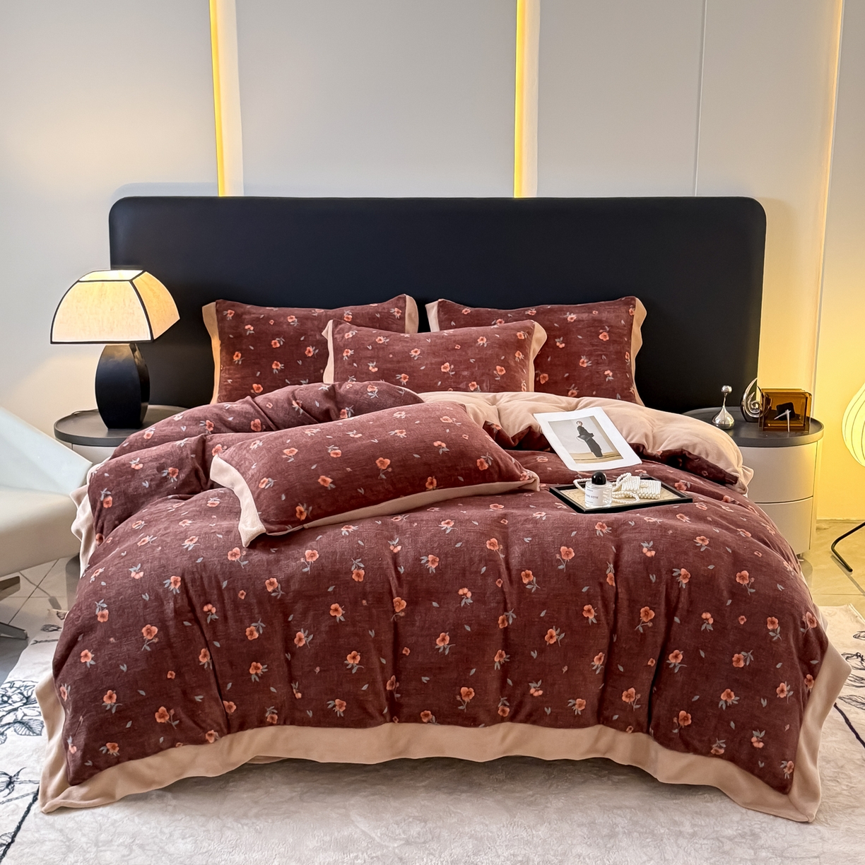 91家纺网 家纺一手货源 找家纺 KA家纺 2025新款秋冬轻奢高克重双拼角牛奶绒四件套 复古粉黛