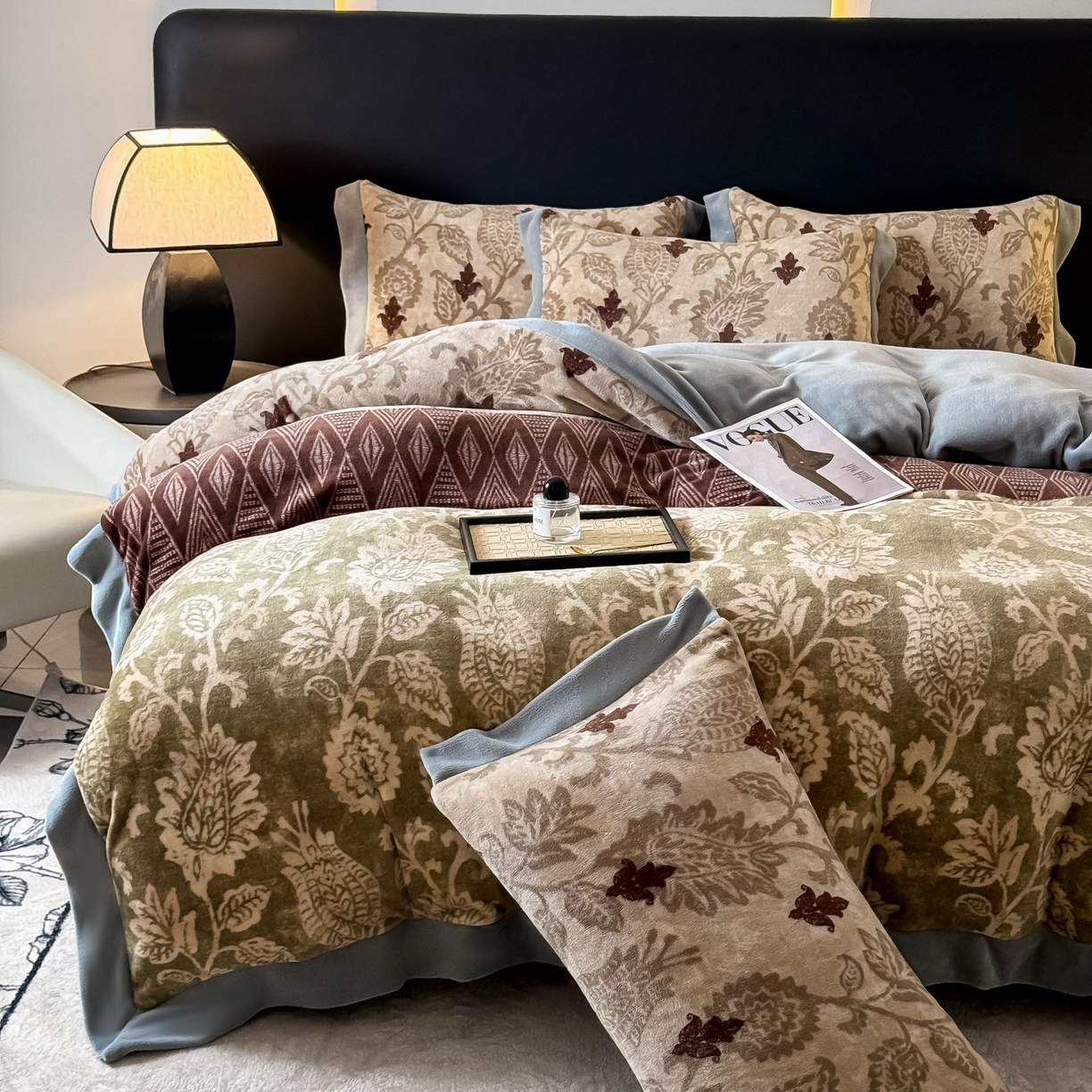 91家纺网 家纺一手货源 找家纺 KA家纺 2025新款秋冬轻奢高克重双拼角牛奶绒四件套 优雅生活