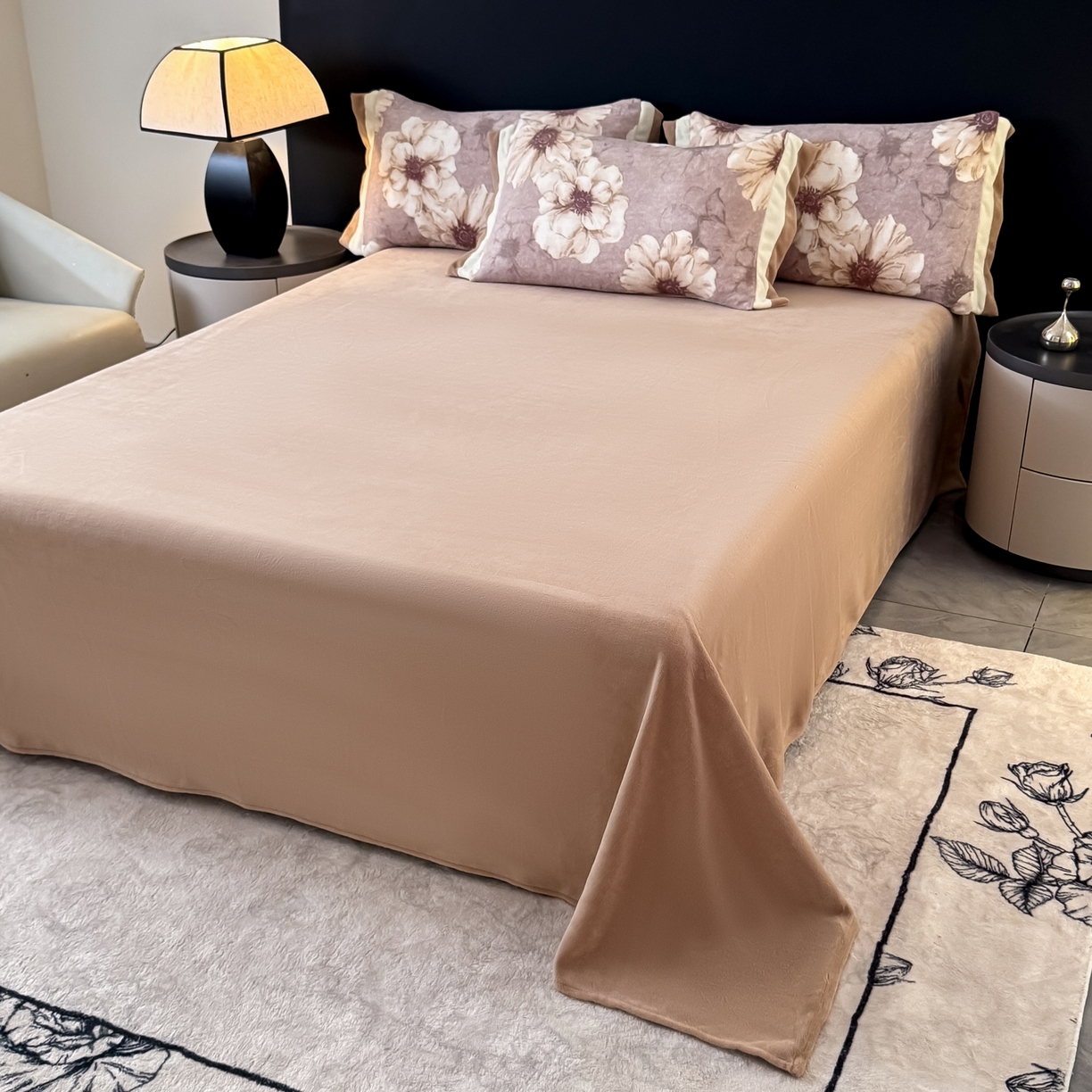 91家纺网 家纺一手货源 找家纺 KA家纺 2025新款秋冬轻奢高克重双拼角牛奶绒四件套 虞美人