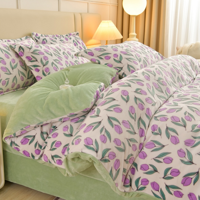 畅畅家纺 2025新款亲肤舒适冬季保暖8斤重牛奶绒6D雕花绒床单四件套 郁金香