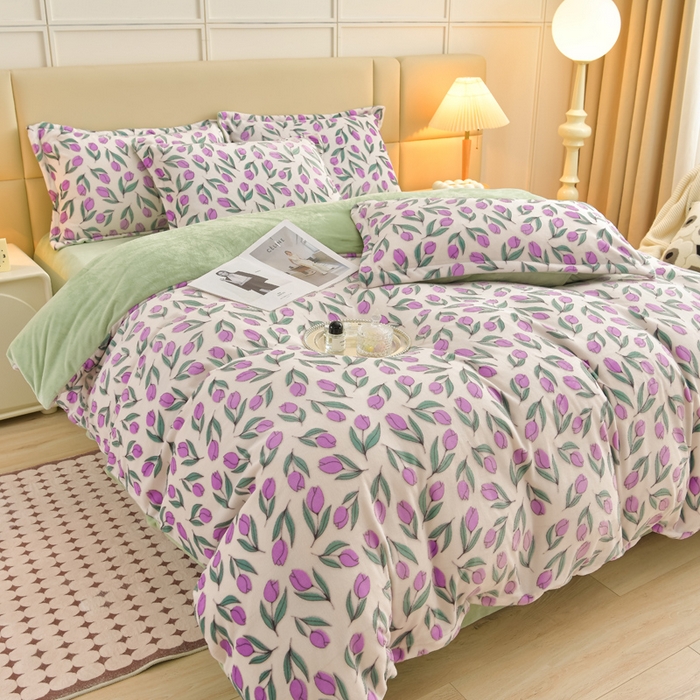 91家纺网 家纺一手货源 找家纺 畅畅家纺 2025新款亲肤舒适冬季保暖8斤重牛奶绒6D雕花绒床单四件套 郁金香